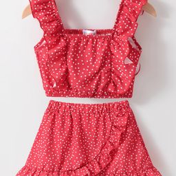 Kookie Kids Sleeveless Top & Skirt Set with Frill Detailing & Polka Dot Print - Red-image-127
