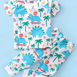 Babyhug Cotton Knit Half Sleeves Night Suit Dino Print - Blue-picture-19