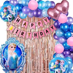 Surprise Decor Frozen Theme Birthday Decoration Set of 68pc for Girls- 5pc Princess Elsa Foil Balloon, 60pc Multicolor Balloons, 2 pc Rose Gold Curtains, 1 Banner ( Elsa Princess Theme Birthday Decoration)-image-25