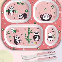 Cello Kidzbee Quadmeal Plate with Spoon and Fork Panda Print - Pink-13