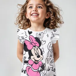 Babyhug Disney Cotton Half Sleeves Top With Frills Detailing and Minnie Mouse Graphics - White-picture-38