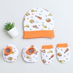BUMZEE Cotton Musical Instruments Printed Cap Mittens & Booties Set - White & Orange-26