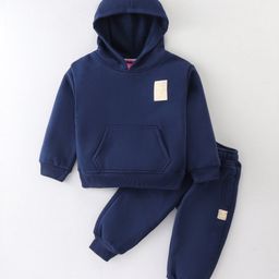 Little Kangaroos Cotton Knit Full Sleeves Hoodie & Lounge Pants Set With Patch - Navy Blue-image-30