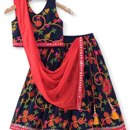Babyhug Woven Sleeveless Sequinned & Floral Embroidered Choli With Lehenga and Georgette Dupatta - Hot Pink-picture-15