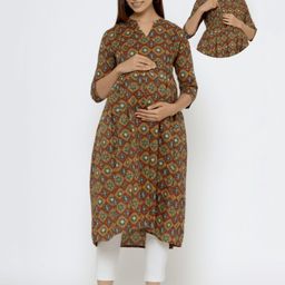 CRAFIQA Three Fourth Sleeves Floral Printed Maternity Kurta With Concealed Zipper Nursing Access - Mustard Yellow & Maroon-picture-27