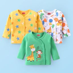 Babyhug 100% Cotton Knit Full Sleeves Front Open Vests With Stars & Animals Print Pack of 3 - Yellow Green & White-image-59