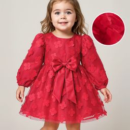 Babyoye Woven Full Peasant Sleeves Party Frock with Bow & Floral Applique - Red-image-41