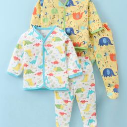 OHMS Single Jersey Knit Full Sleeves Night Suits With Animals Print Pack Of 2 - Yellow & White-image-72