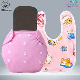 The Cheeky Kidzz Baby Essential Reusable Cotton Cloth Diaper With Bamboo Charcoal Insert With Feeding Bib (PINK)-19