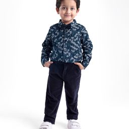 Babyhug Cotton Woven Full Sleeves Floral Printed Party Shirt & Trouser Set with Bow - Navy Blue-picture-18