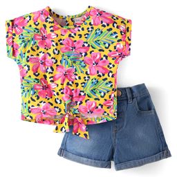 Babyhug Single Jersey Knit Half Sleeves Floral Printed Top & Solid Denim Shorts Set - Yellow & Blue-image-73