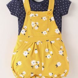 Simply Premium Interlock Knit Floral Printed Dungaree & Half Sleeves T-Shirt with Polka Dots Print - Yellow & Navy Blue-image-38