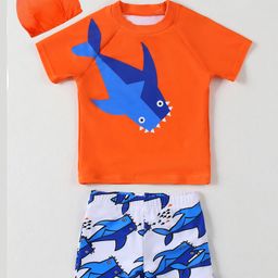 Mark & Mia Half Raglan Sleeves Two Piece Swimsuit With Shark Print & Swimming Cap - Orange-image-82
