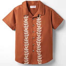 Kookie Kids Cotton Woven Half Sleeves Resort Collar Shirt With Floral Embroidery - Rust Orange-image-94