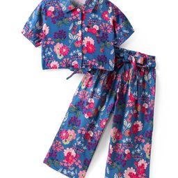 CrayonFlakes Short Sleeves Floral Printed Crop Shirt & Belted Palazzo Set - Blue-image-3