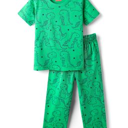 Babyhug Cotton Knit Half Sleeves Co-Ord Night Suit with Dino Print - Light Green-image-100