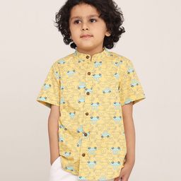 Campana 100% Cotton Woven Half Sleeves Busy Cars Printed Shirt With Mandarin Collar - Light Yellow-18