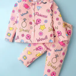 Smarty Girls Cotton Full Sleeves Night Suit with Text Print - Peach-picture-8