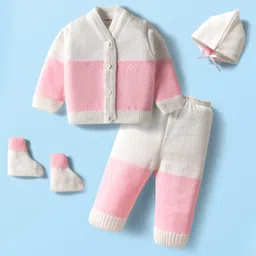Babyhug Knit Full Sleeves Color Blocked Front Open Sweater Set with Pair of Mittens & Cap - Pink & White-picture-10