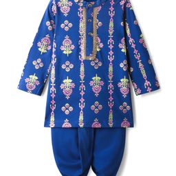 EARTHY TOUCH Single Jersey Knit Full Sleeves Kurta Dhoti Set With Foil Floral Print - Blue-image-35
