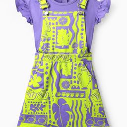 OLLINGTON ST. Cotton Half Sleeves Inner Top & Abstract Print Knit Pinafore - Purple & Limegreen-image-35