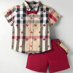 ToffyHouse Poplin Woven Half Sleeves Checks & Printed Shirt & Shorts With Bow & Suspender - Multicolor-image-87