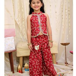 KID1 Cotton Woven Sleeveless Fish Printed Lace Embellished Top With Coordinating Palazzo Set - Maroon-image-73