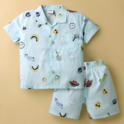 Mini Taurus Cotton Knit Half Sleeves Co-ords Shorts Set with Space Theme Print - Light Blue-image-79