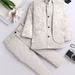Fourfolds Woven Full Sleeves Solid Sherwani & Pant With Floral Embroidered Jacket Set - Ivory-picture-39