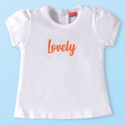 Babyhug Interlock Knit Half Puffed Sleeves Top & Dungaree with Floral & Text Print - Orange & White image 2