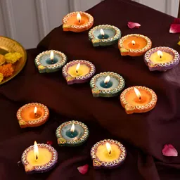 Aura Blue & Purple 12 Pieces Printed Terracotta Diwali Wax Diyas-image-87