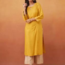 Fabindia Mustard Viscose Silk Slim Fit Embroidered Long Kurta-picture-31