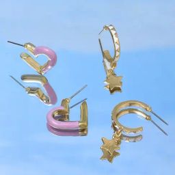 Zaveri Pearls Set of 2 Pink Heart White Enamel Star Contemporary Hoop Earrings-ZPFK15158-11