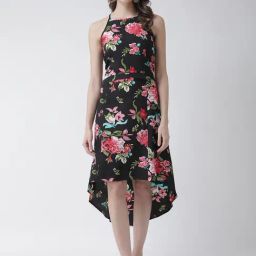 KASSUALLY Black & Pink Floral Print High-low Dress-image-49