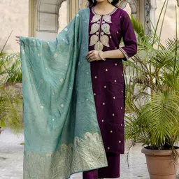 KALINI Women Ethnic Motifs Embroidered Regular Pure Silk Kurta with Palazzos & With Dupatta-picture-3