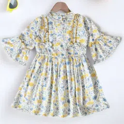 Bella Moda Girls Blue Cotton Three Fourth Sleeves Floral Printed Bow Applique Dress-image-63