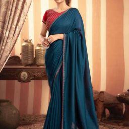 Satrani Navy Silk Embellished Saree With Unstitched Blouse-image-18