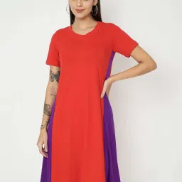 Brinns Red & Purple Cotton Regular Fit Color-Block Dress image 1