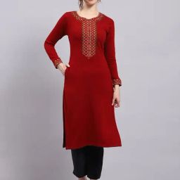 Monte Carlo Maroon Wool Blend Embroidered Full Sleeve Kurti-image-21