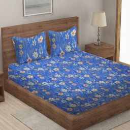 Klotthe Floral Blue 210 TC Cotton Blend King Size Bed Sheet with 2 Pillow Covers-image-93