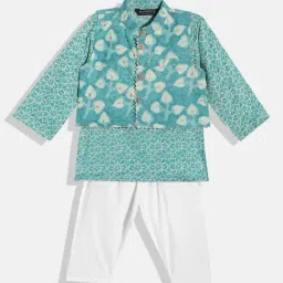 READIPRINT FASHIONS Kids Turquoise & White Printed Full Sleeves Kurta, Nehru Jacket with Pyjamas-picture-11