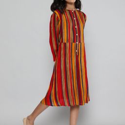 YK Girls Red & Brown Striped A-Line Dress-image-9