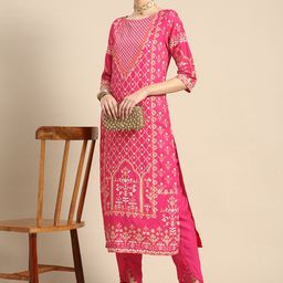 Anouk Women Pink & Cream-Coloured Ethnic Motifs Printed Kurta with Trousers-picture-10