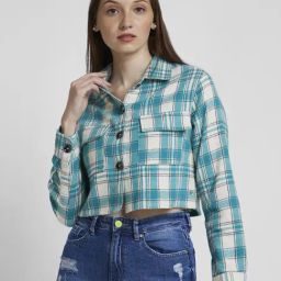 Spykar Green Cotton Checks Cropped Shirt-picture-13