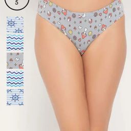 Clovia Cotton Pack of 5 Low Waist Printed Thong with Inner Elastic-26