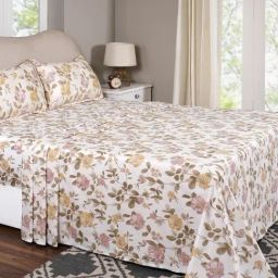 Maspar Blossom Meadow Pink Cotton Floral 300 TC Double Flat Bedsheet with 2 Pillow Cases-picture-0