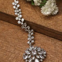 Karatcart Silver-Plated Round Floral Design American Diamond Maangtikka for Women-image-44