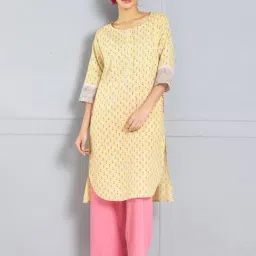SHAYE Yellow Cotton Floral Print Kurta-image-83