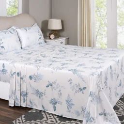 Maspar Edenia Blue Cotton Floral 300 TC Double Flat Bedsheet with 2 Pillow Cases-picture-41