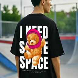 Bewakoof Men's Black I Need Some Space Teddy Graphic Printed Oversized T-Shirt-picture-19